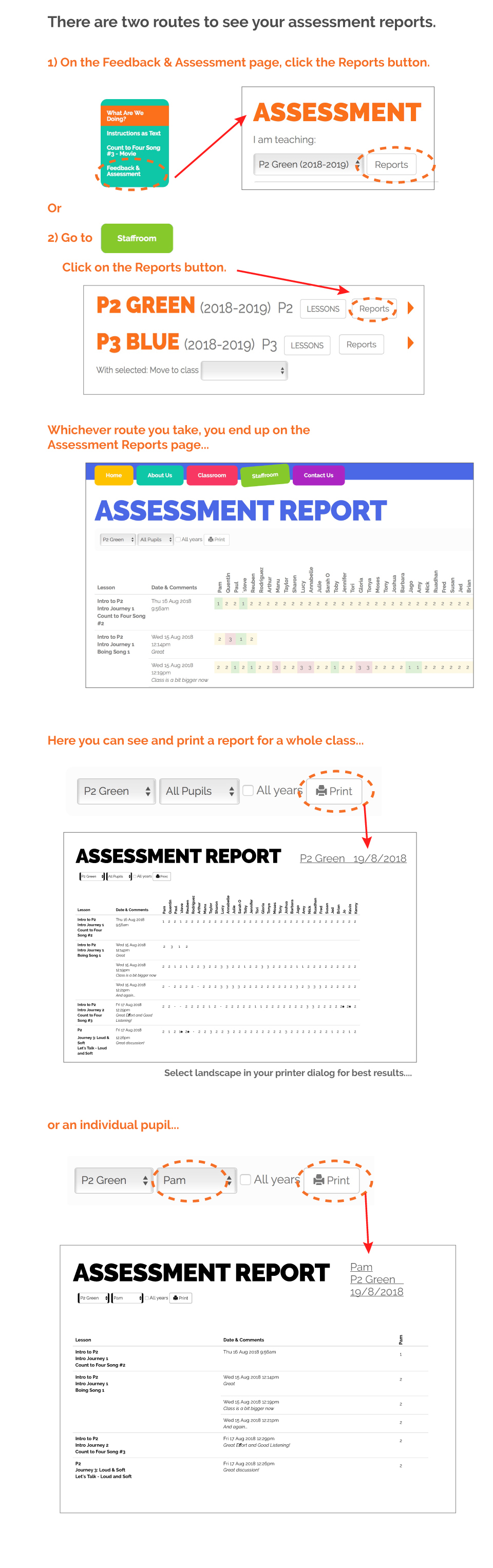 Graphic showing where and how to see and print reports